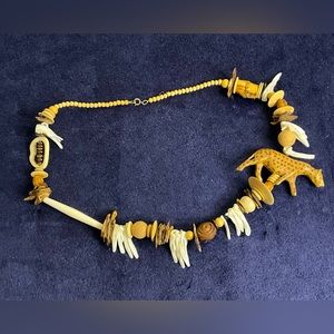 Primitive Carved Wood And Shell African Safari Animal Necklace